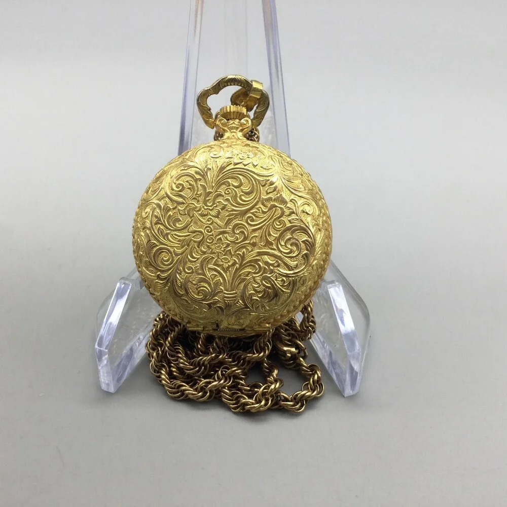 Vintage Bonnard Pocket Watch Women 35mm Gold Tone Full Hunter Chain Manual Wind